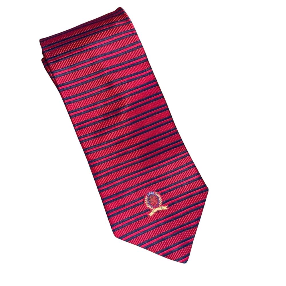 Vintage Tommy Hilfiger Men's Neck Tie Red and Navy Stripe with Emblem 100% Silk